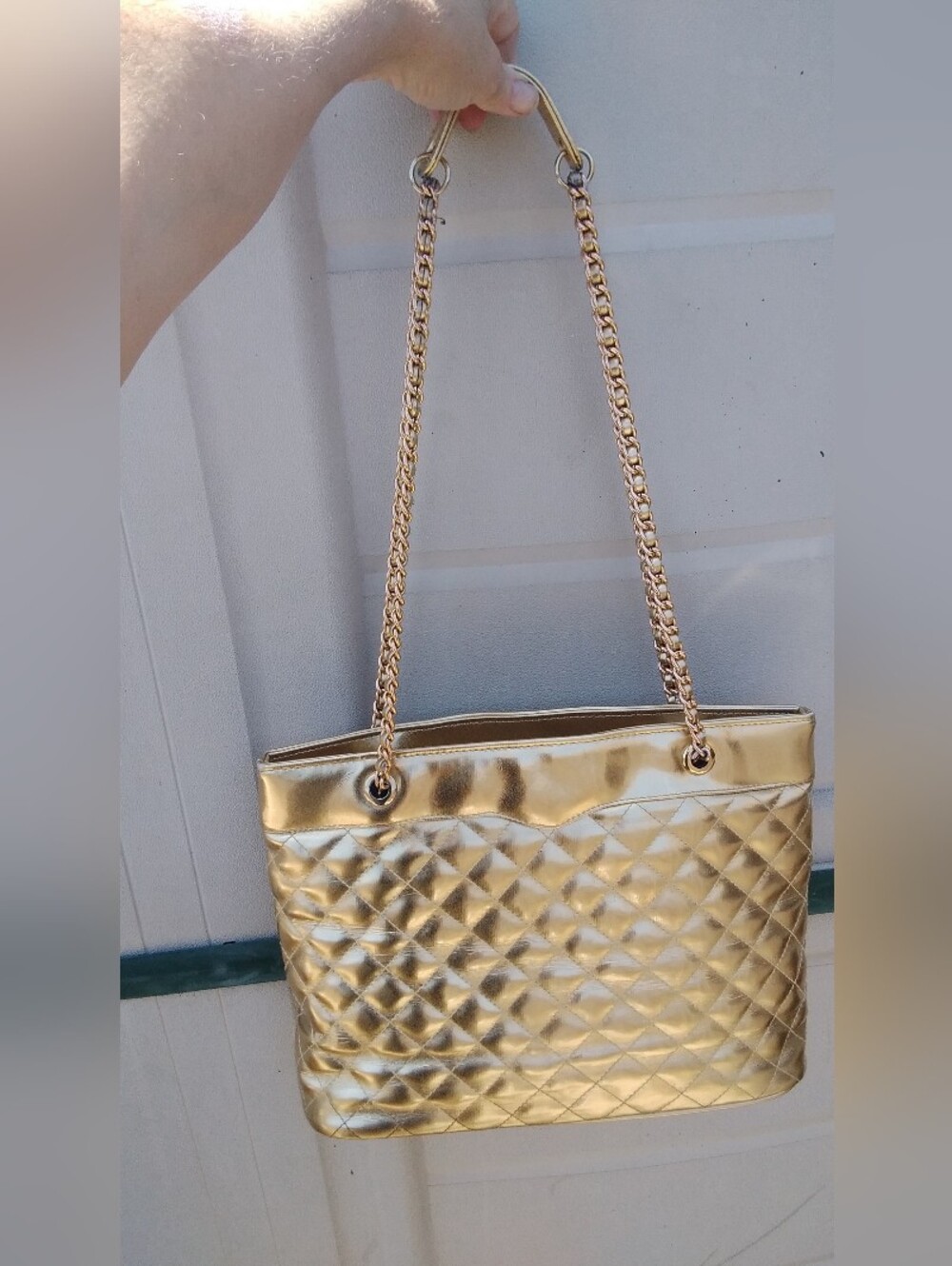 Quilted Metallic Gold Tote Bag with Chain Straps